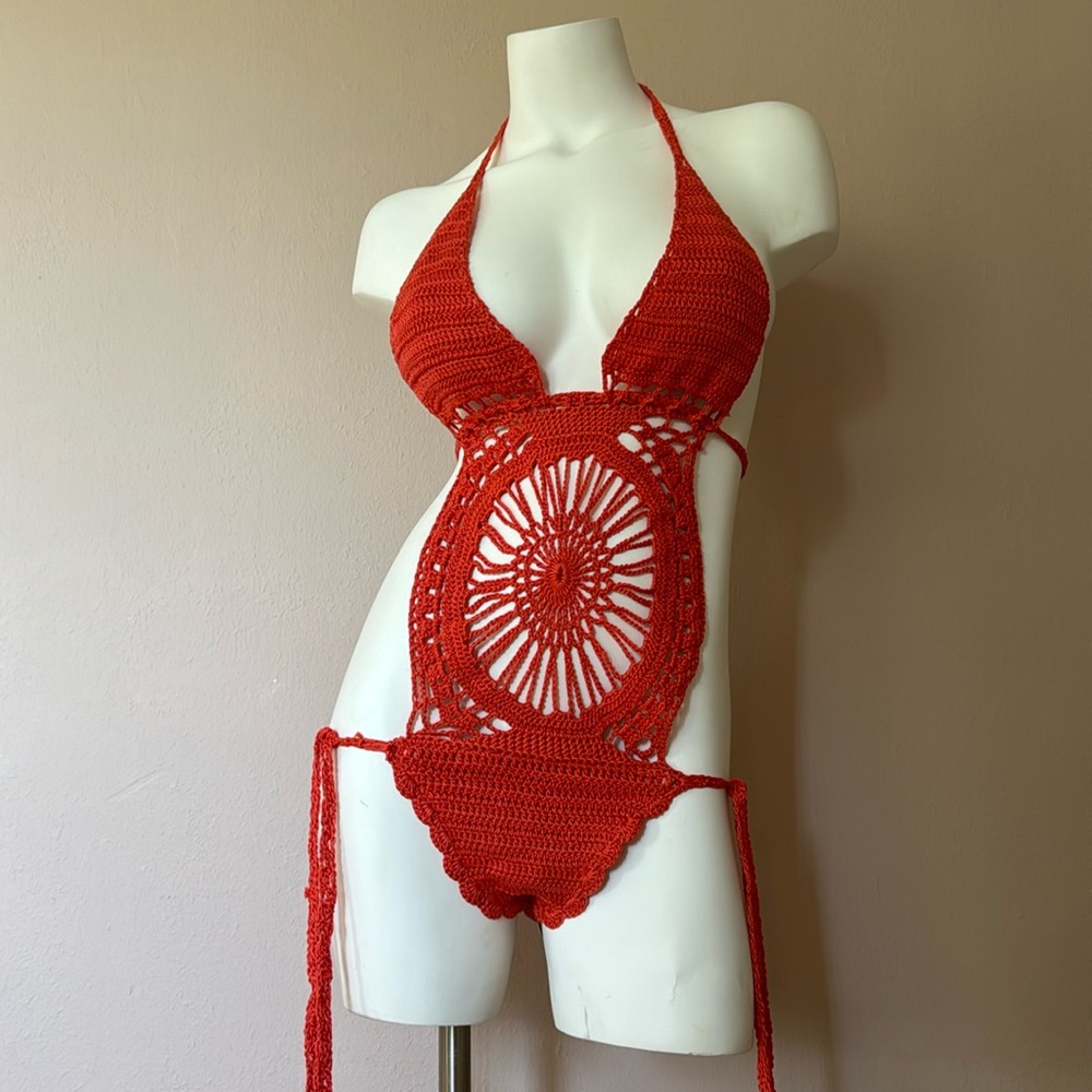 Hand crochet one piece bikini beachwear - Coral